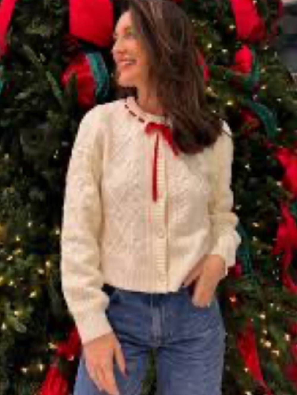 Anthropologie Wayf Cream Cable-Knit Button Cardigan with Red Ribbon Medium